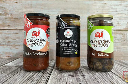 Botes gourmet de Caracoles de Gredos con guiso tradicional, salsa ibérica y al natural