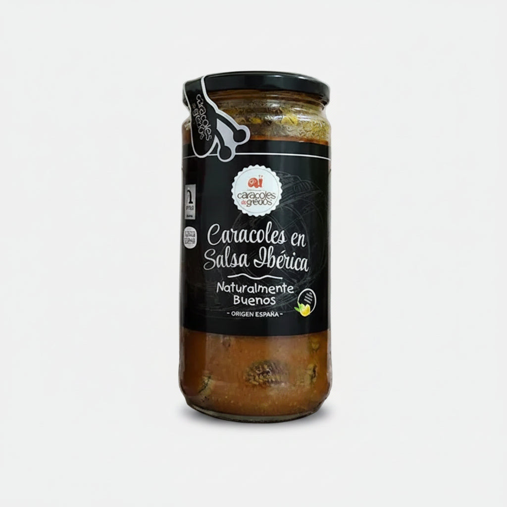Bote de Caracoles de Gredos en salsa ibérica, conserva gourmet con embutidos ibéricos