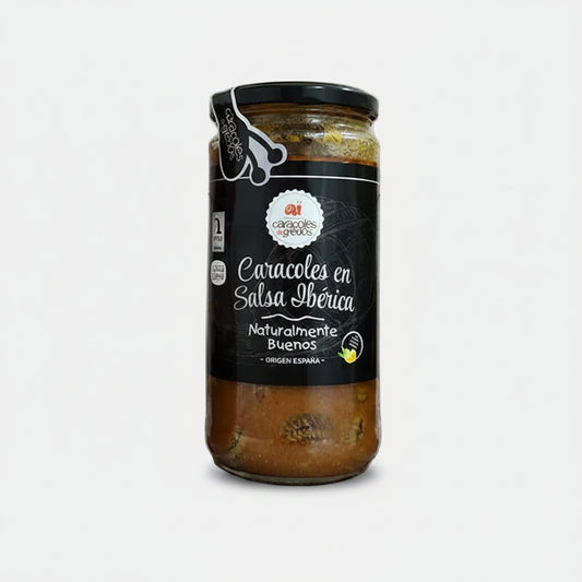 Bote de Caracoles de Gredos en salsa ibérica, conserva gourmet con embutidos ibéricos