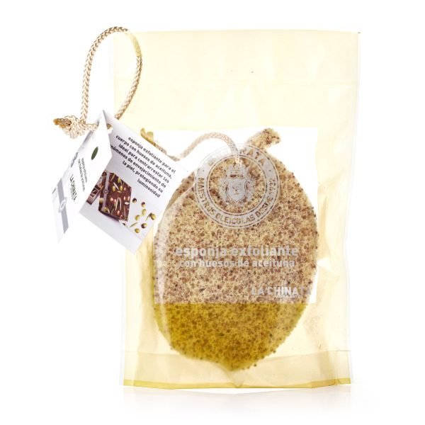 Esponja exfoliante con huesos de aceituna La Chinata para tienda gourmet El Abuelo Pipo